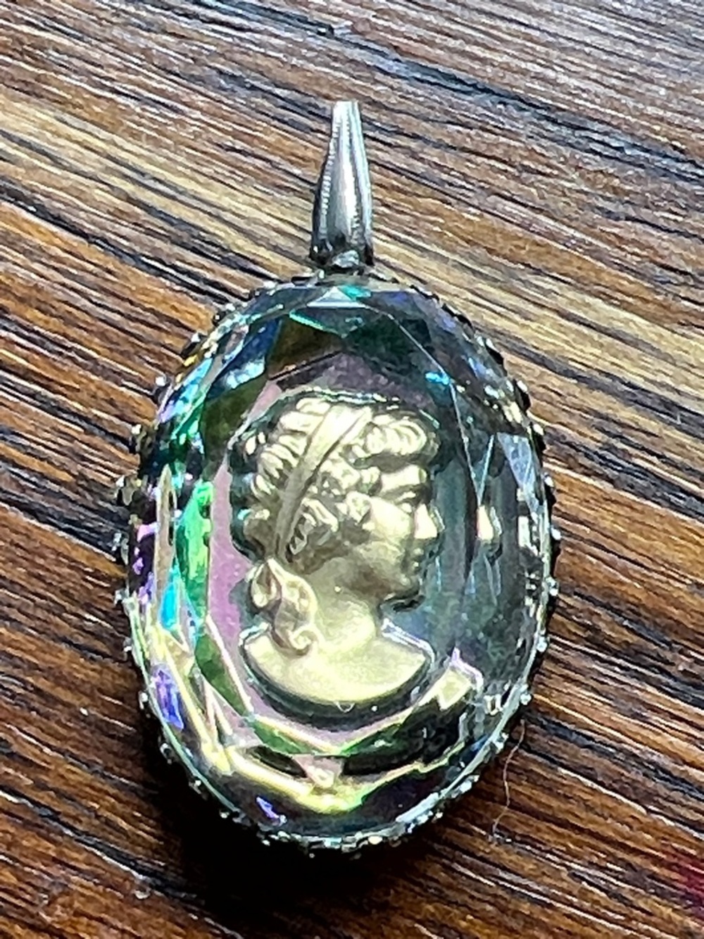 Vintage Rainbow Glass Intaglio Cameo Brooch Pendant Multicolor